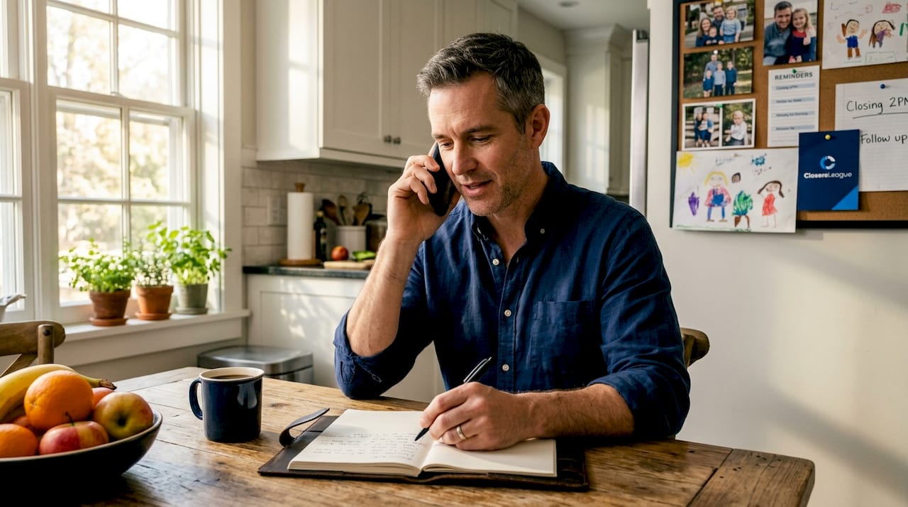 Man handling real estate call at kitchen table