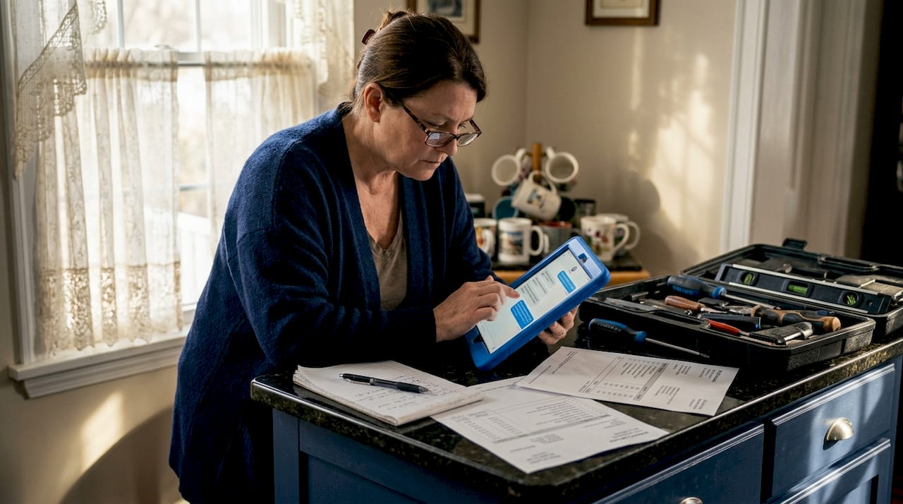 Landlord reviewing repair bills at kitchen table