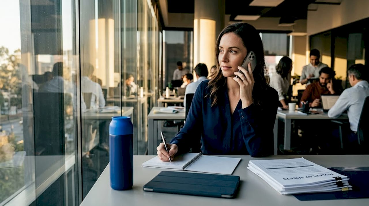 Woman handling practice objection phone call in office
