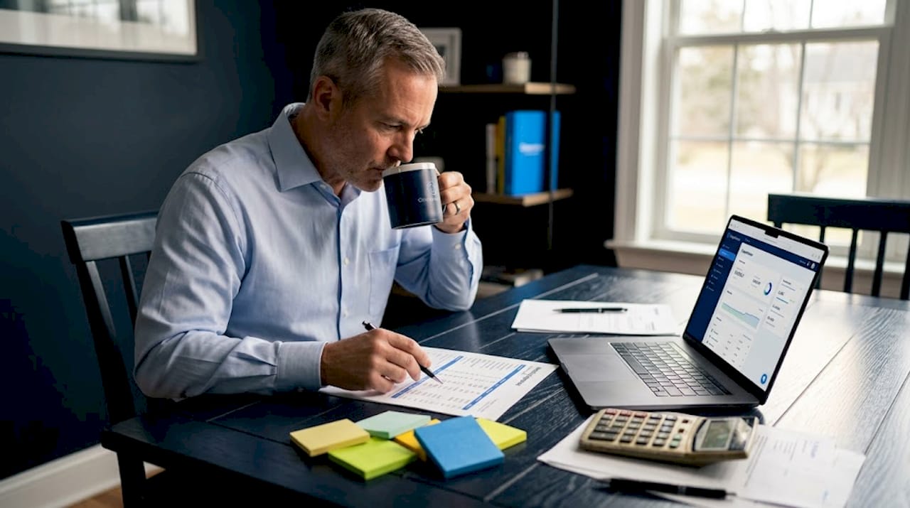 Professional reviewing real estate budget with CRM screen