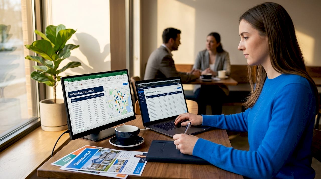 Analyst reviewing property data with AI tools