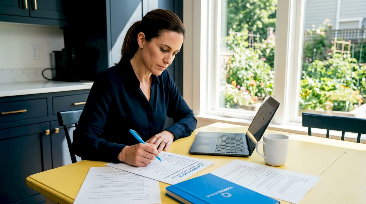 Professional reviewing script checklist at kitchen table