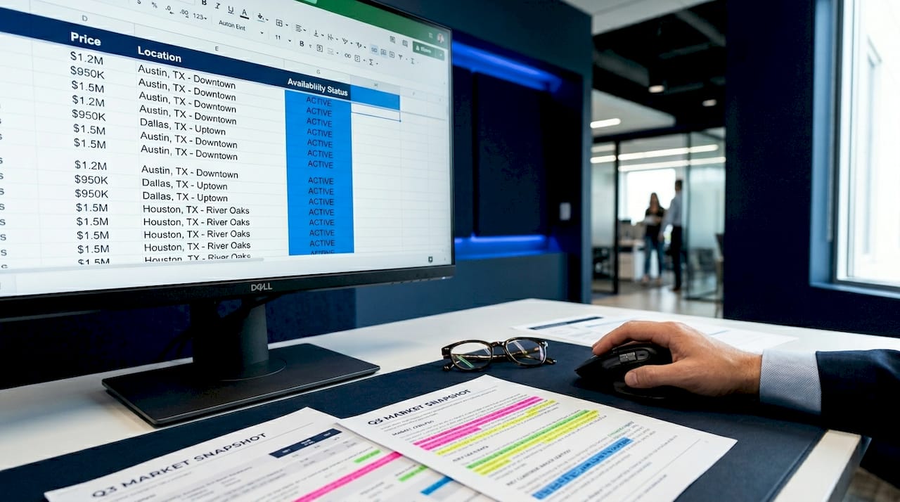 Close-up of real estate data spreadsheet and workspace