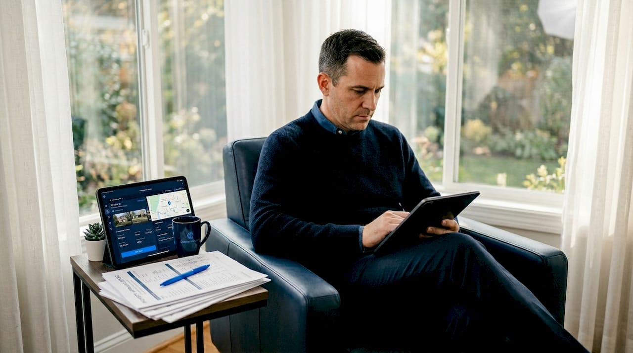 Investor analyzing foreclosure listings on tablet in living room