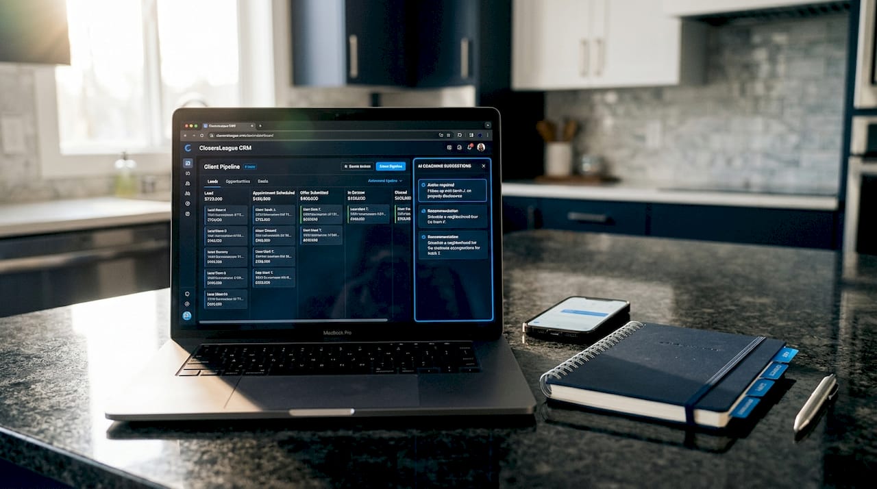 Laptop screen with real estate CRM and AI coaching data
