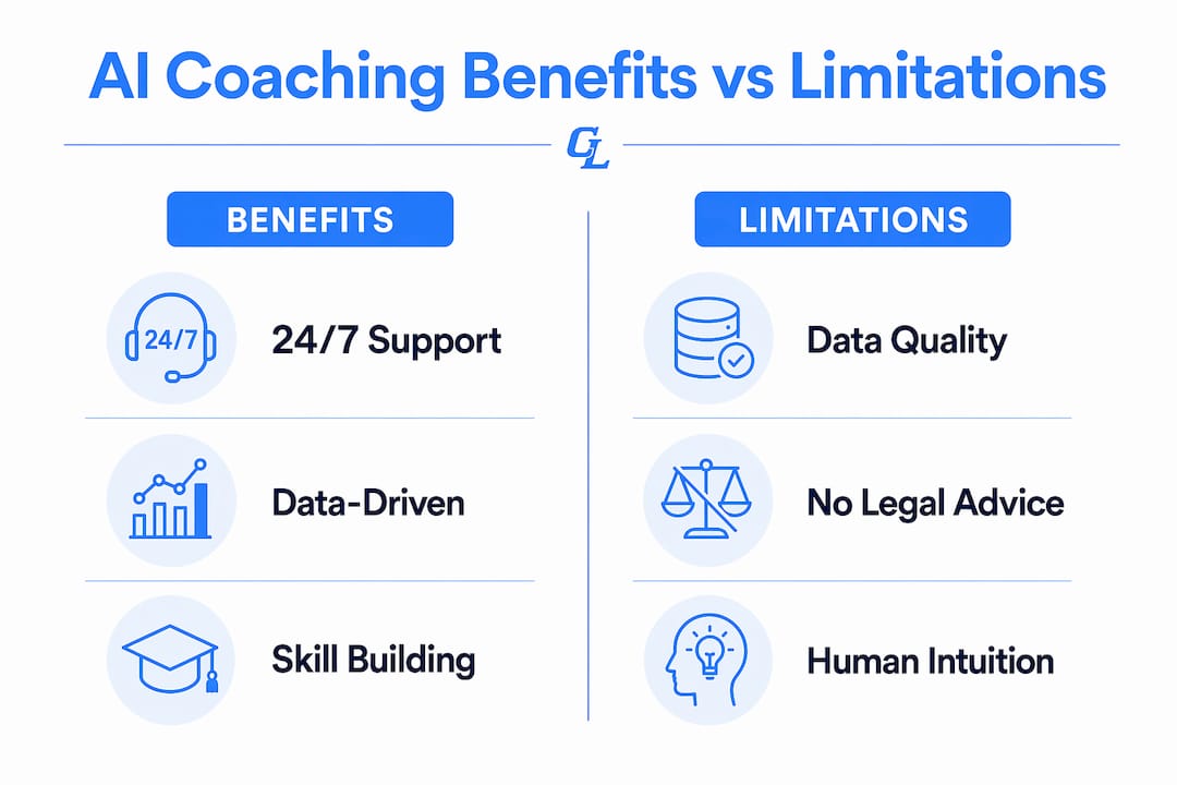 Infographic comparing AI coaching benefits and limitations