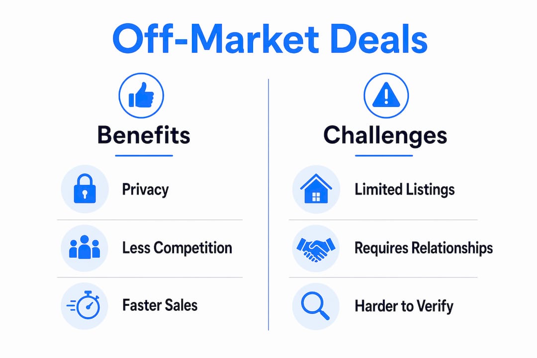 Infographic comparing benefits and challenges of off-market deals