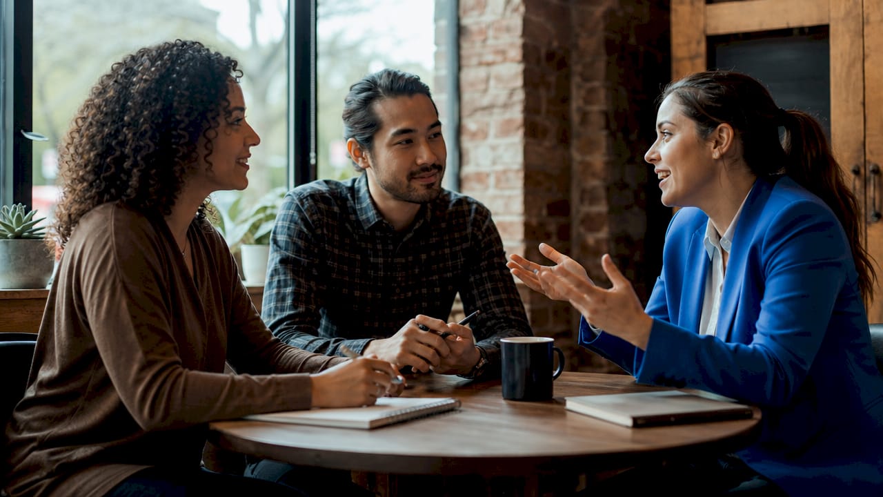 Couple consulting housing counselor in office