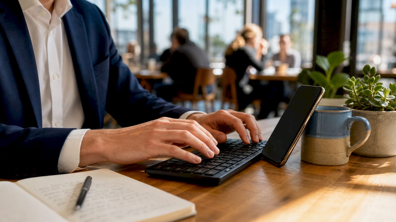 Hands typing SMS marketing messages on keyboard