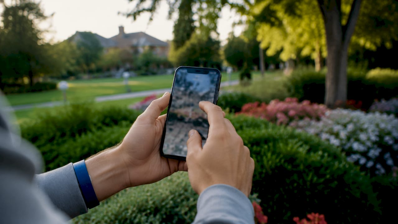 Hands inspecting property remotely with smartphone