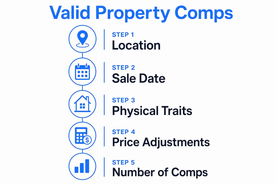 Infographic outlining valid property comp criteria steps
