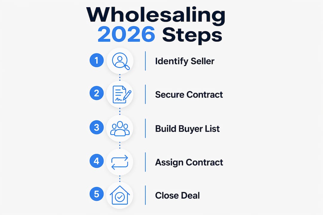 Infographic showing wholesaling process steps in 2026