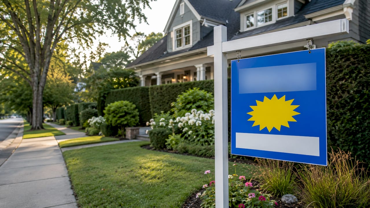 For sale sign with discount tag on house lawn