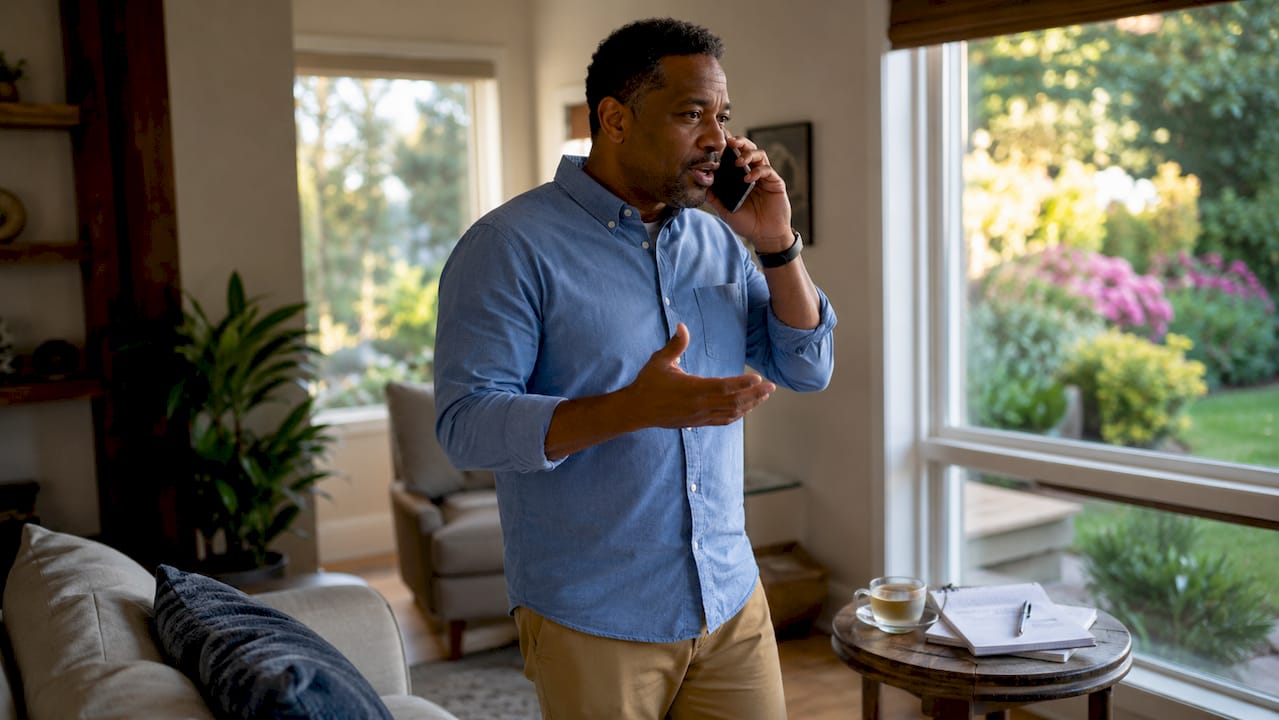Man making cold call with notes at kitchen table