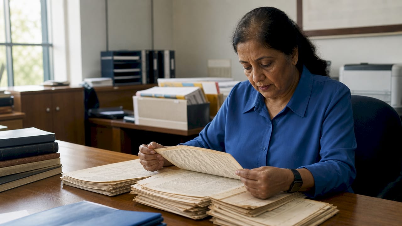 Hands reviewing deed documents in county recorder office