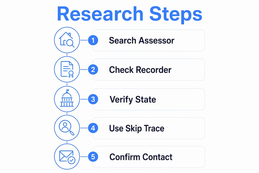 Infographic illustrating five key steps for researching property owners