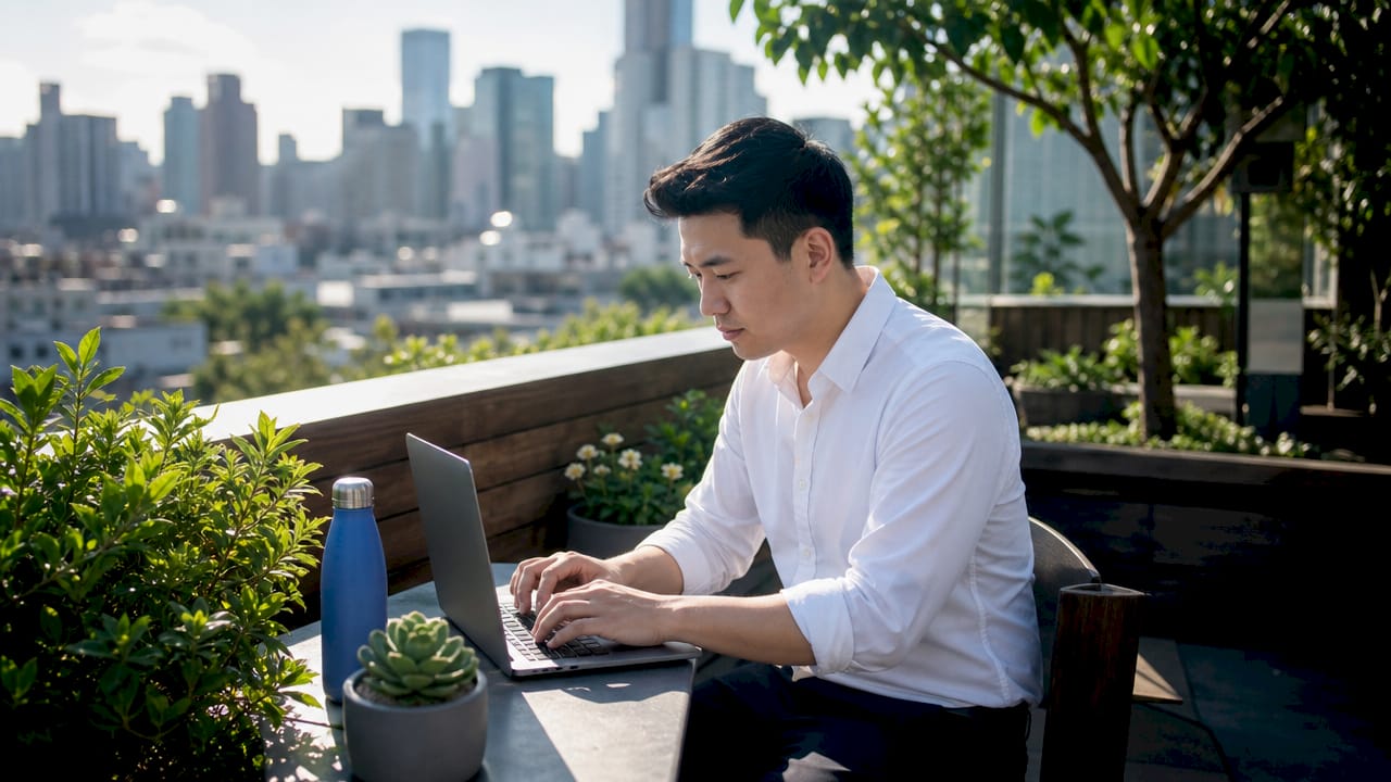 Investor composing follow-up email in bright coworking space