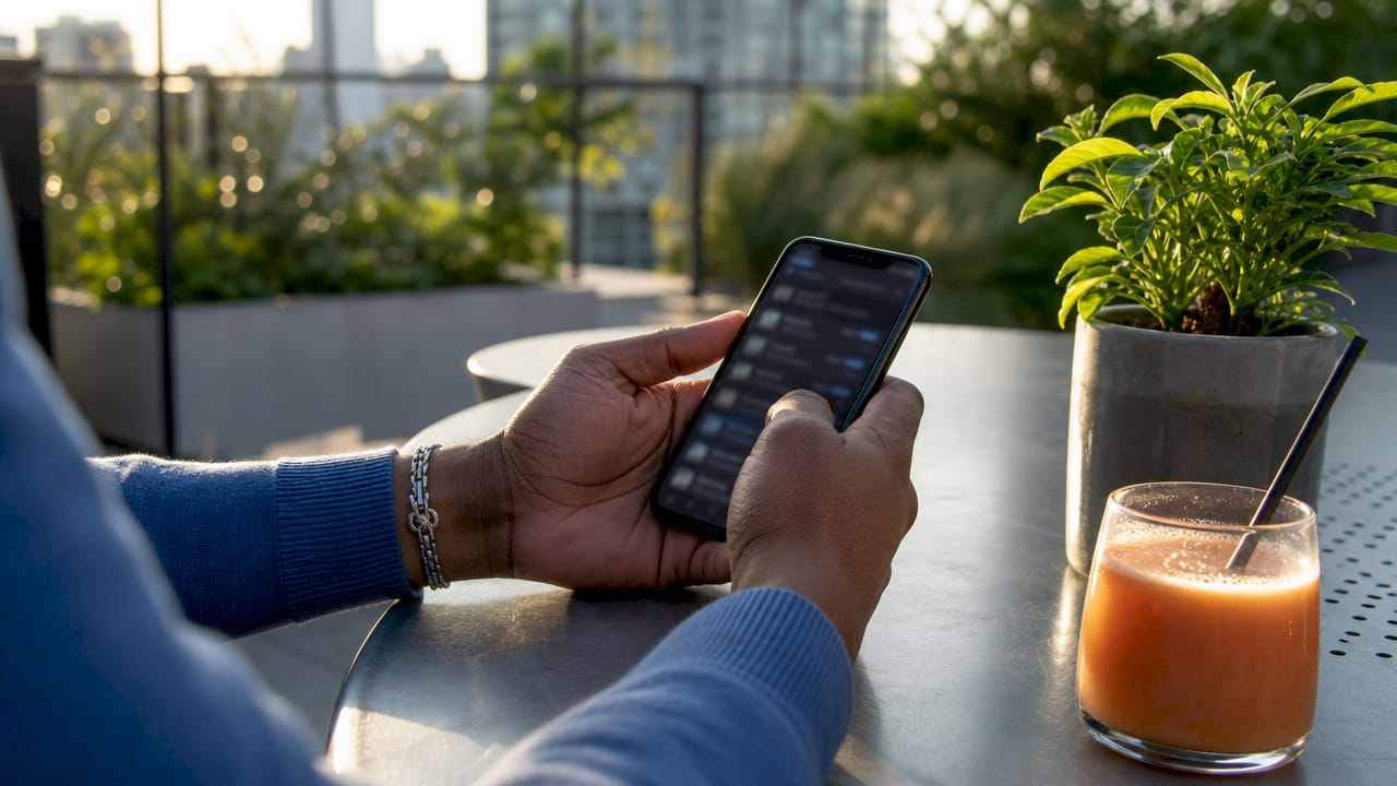 Hands scrolling CRM buyer list on smartphone