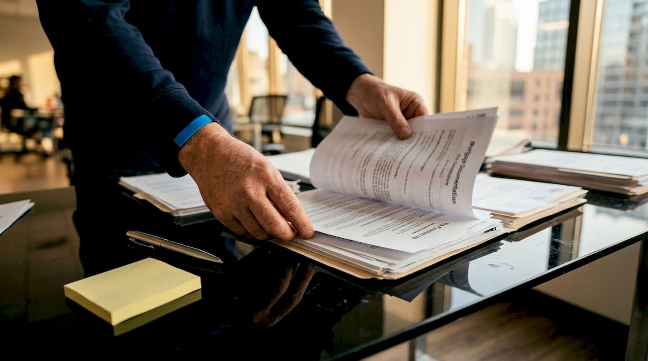 Hands organizing foreclosure papers on wooden desk