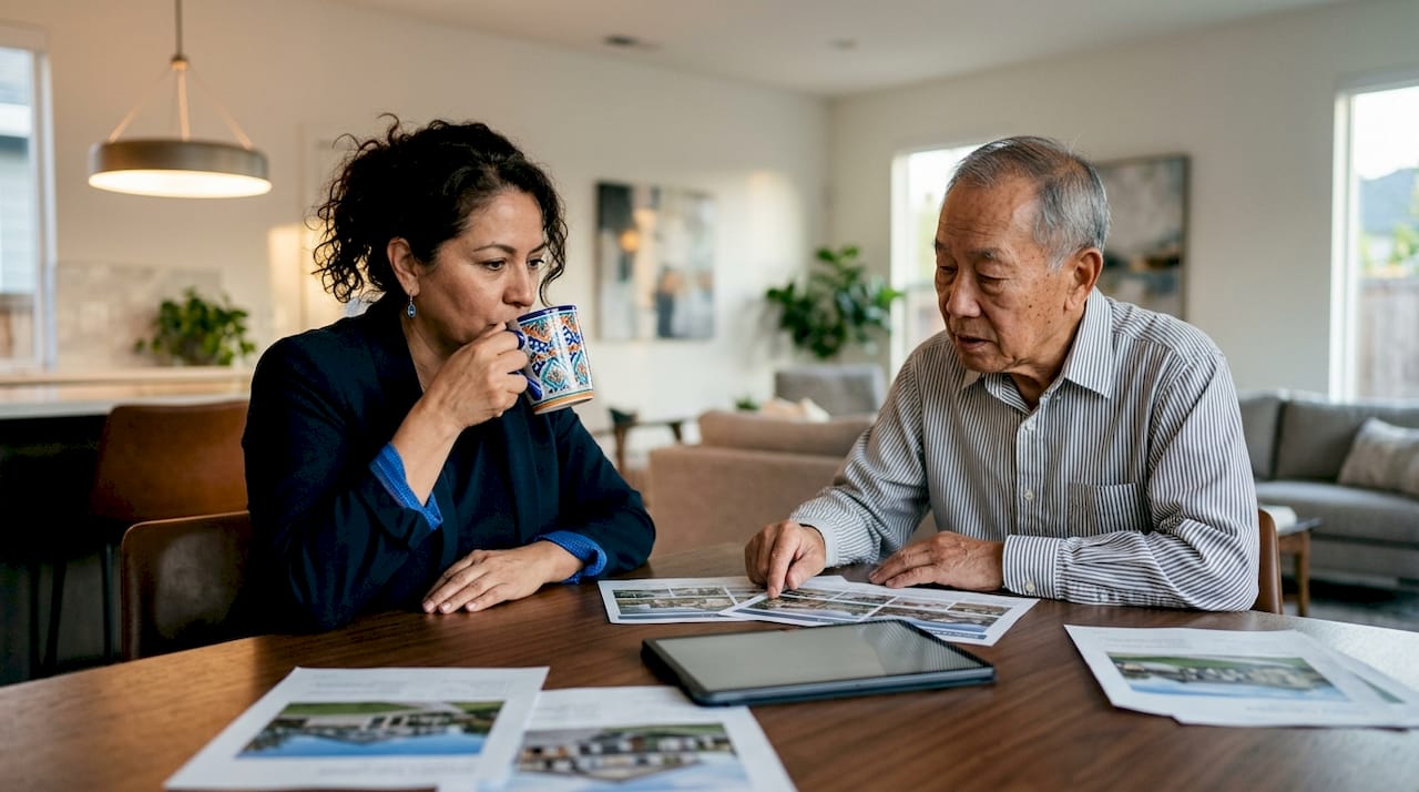 Seller and wholesaler discussing documents indoors