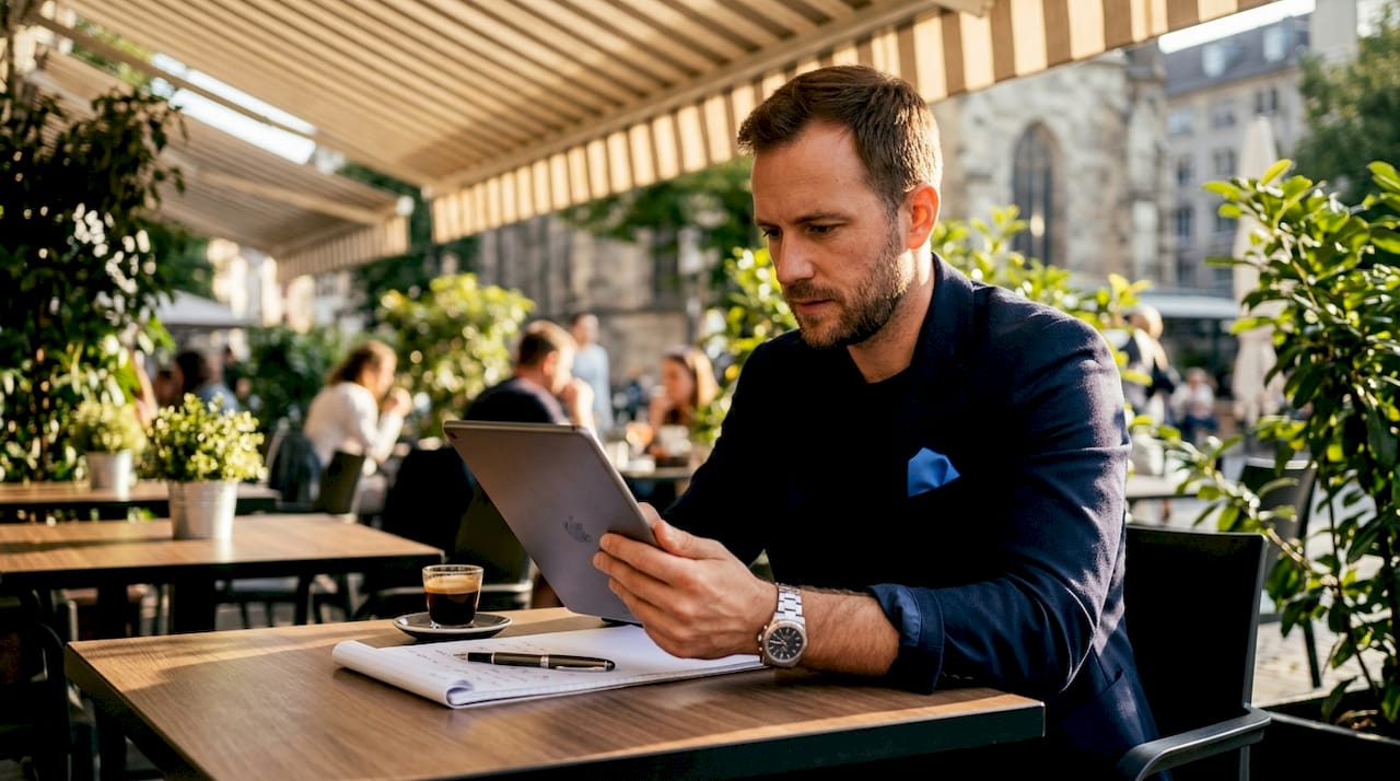 Hands using CRM tablet in café