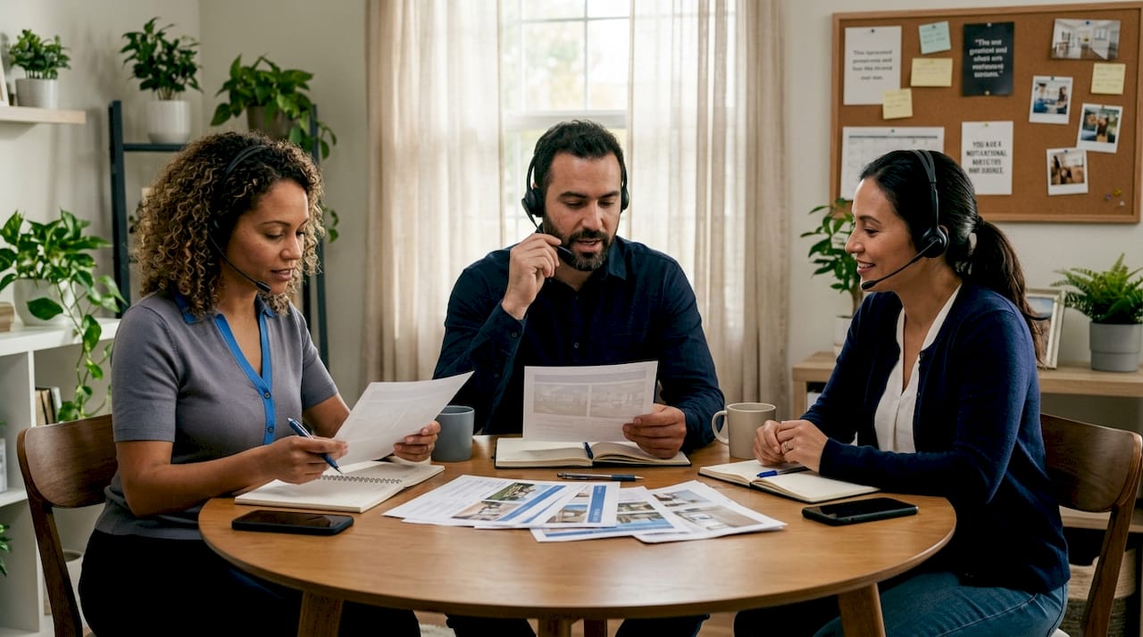 Diverse real estate investors cold calling in office
