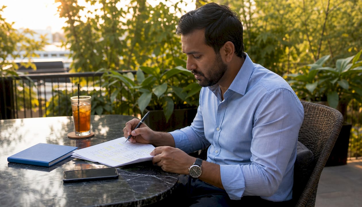 Investor reviewing seller call notes in coworking space