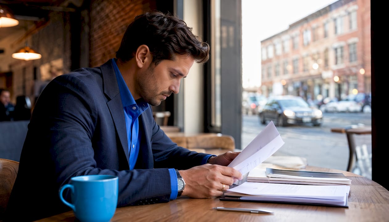 Close-up of real estate agent's hands reviewing tactical empathy script