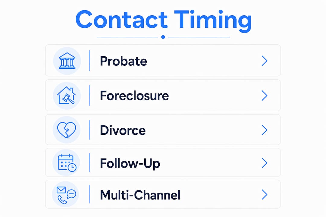Infographic showing outreach timing steps for distressed homeowners