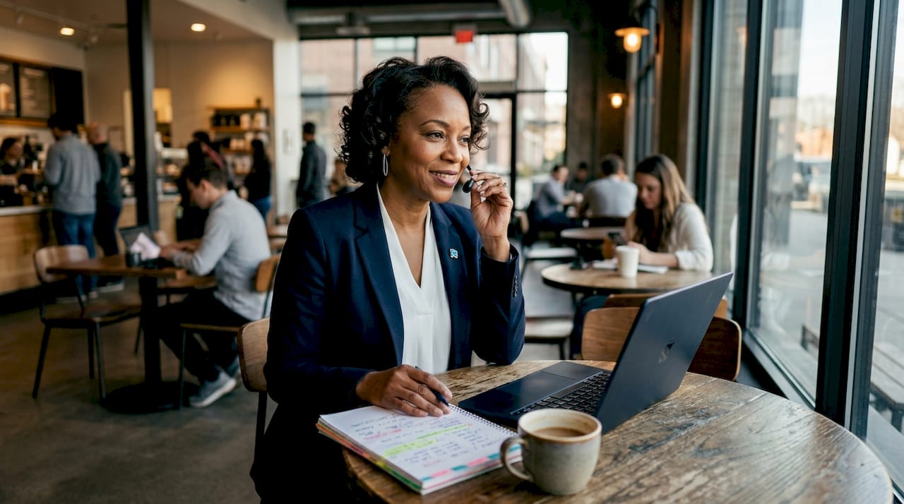 Woman making cold call with headset in office