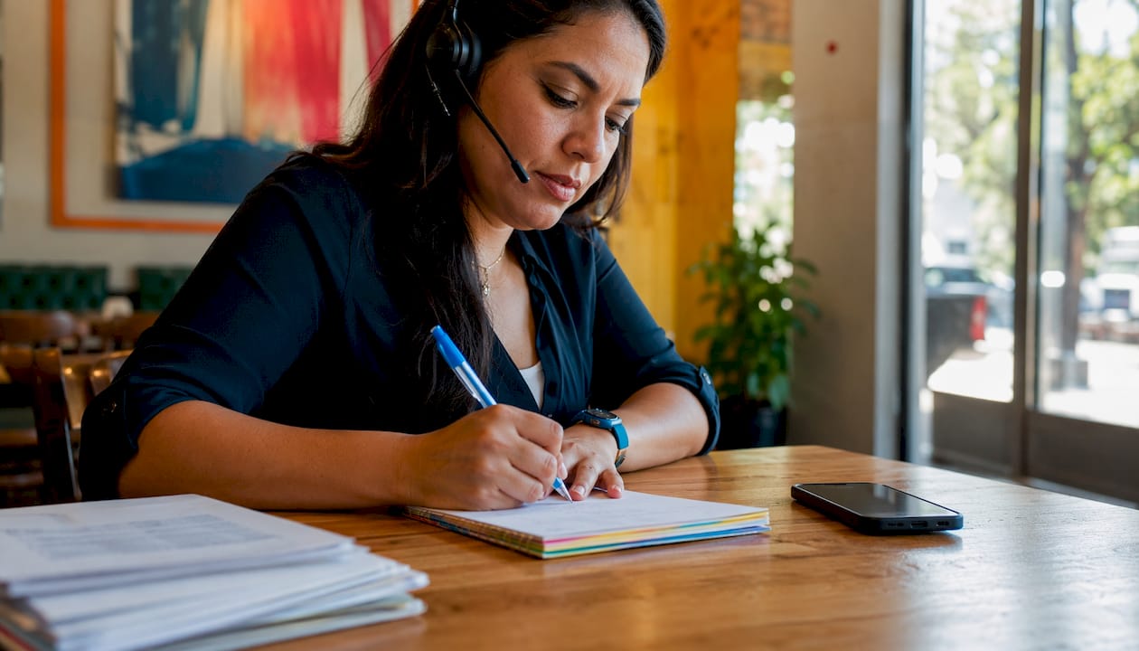 Hands taking notes during sales call at home desk