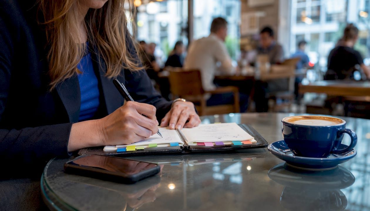 Hands organizing real estate follow-up call notes