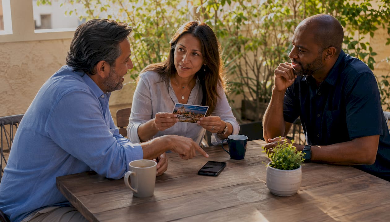 Hands exchanging marketing postcard and phone SMS