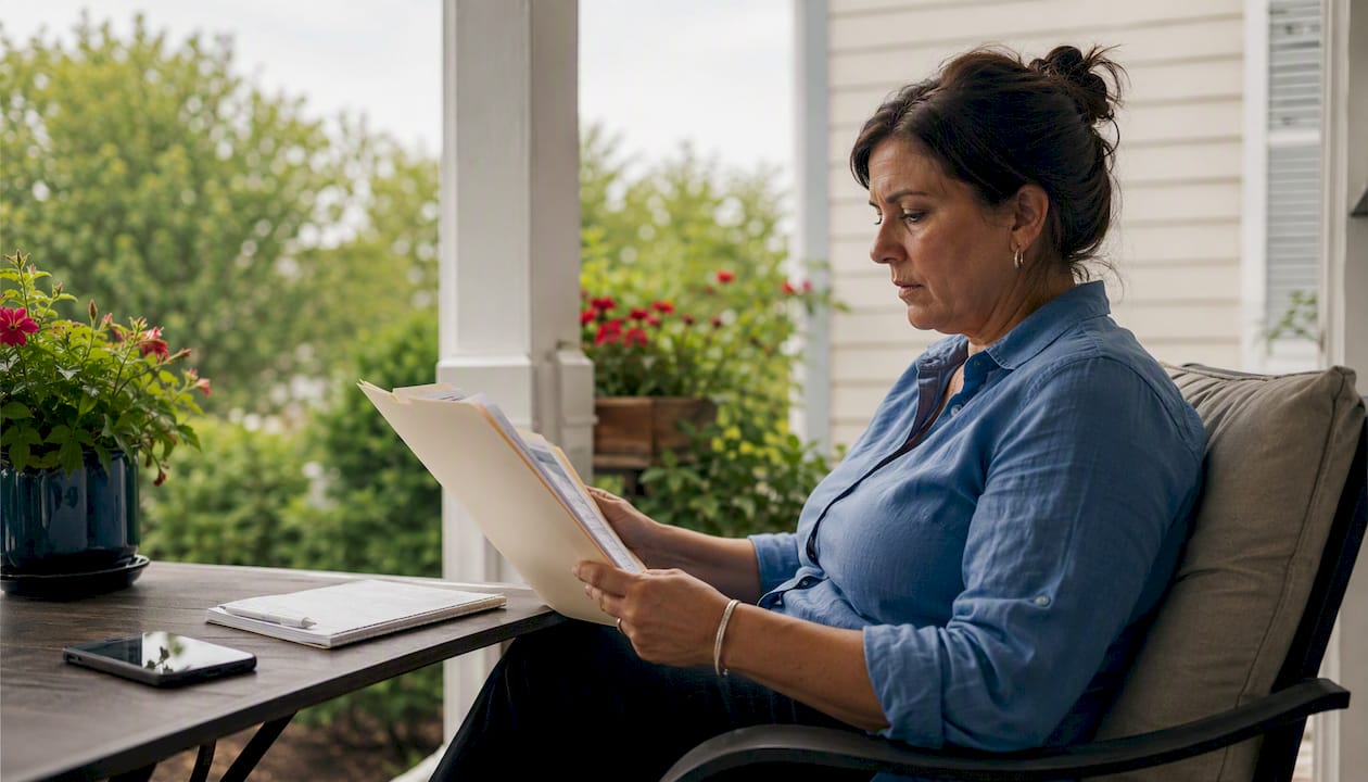 Hands holding foreclosure papers at home table
