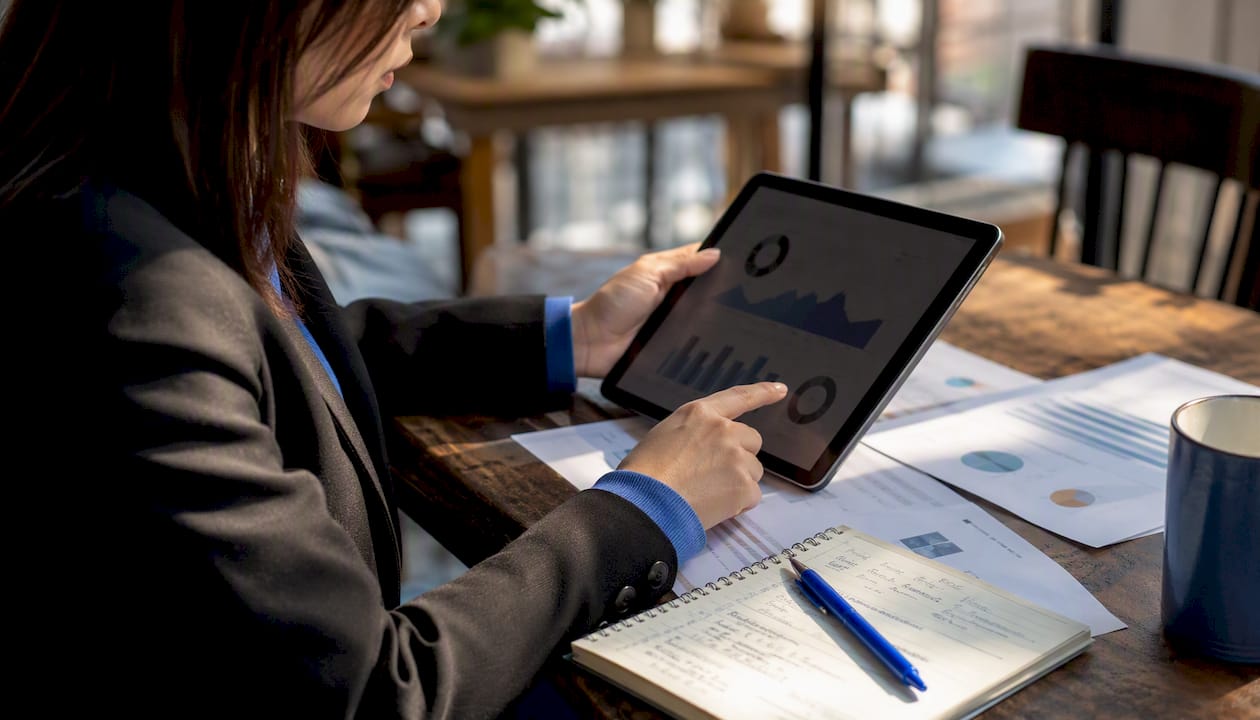 Hands typing and reviewing call analytics