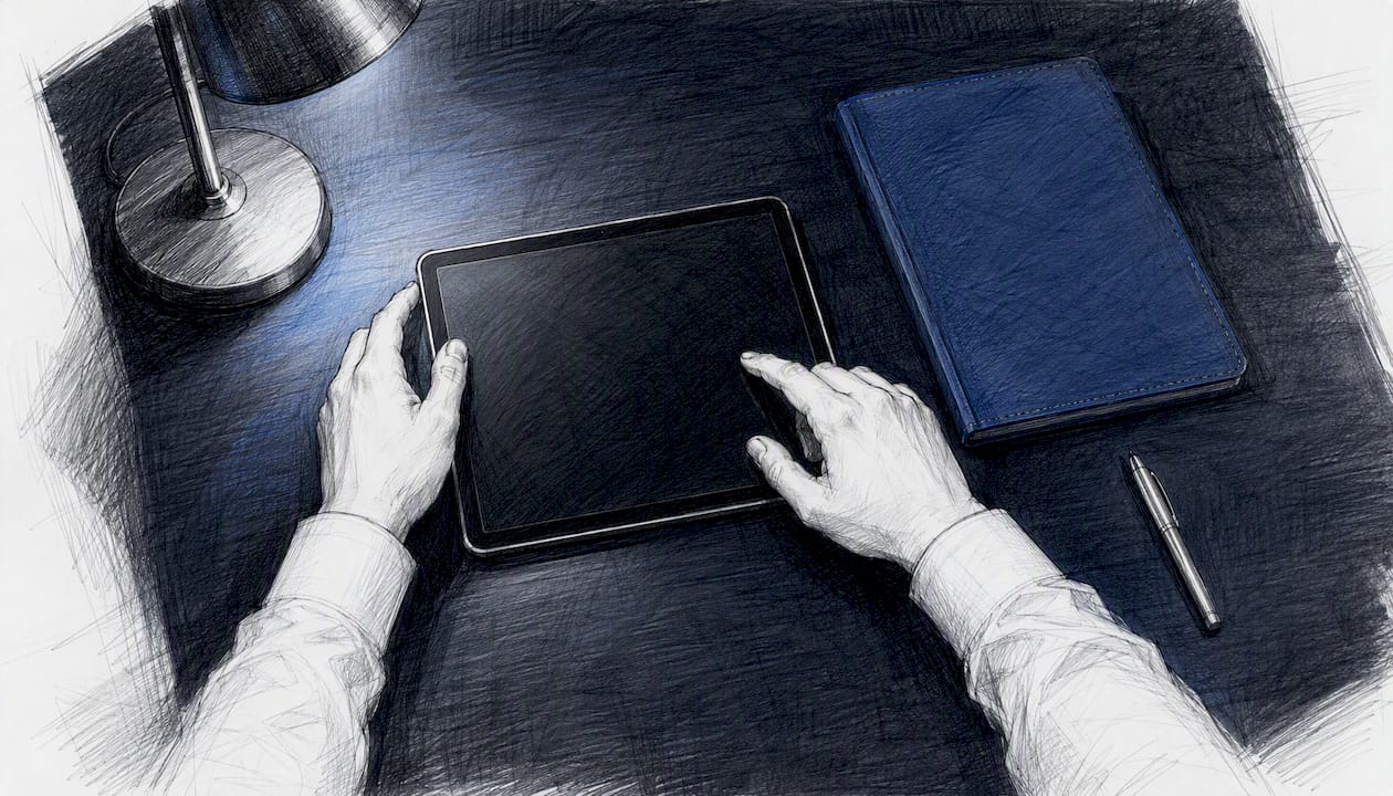 Hands logging skip tracing data on a tablet