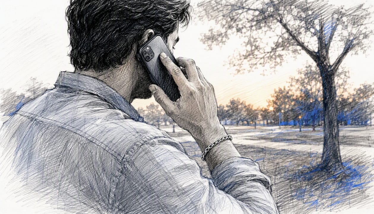 Hand holding phone during cold call outdoors