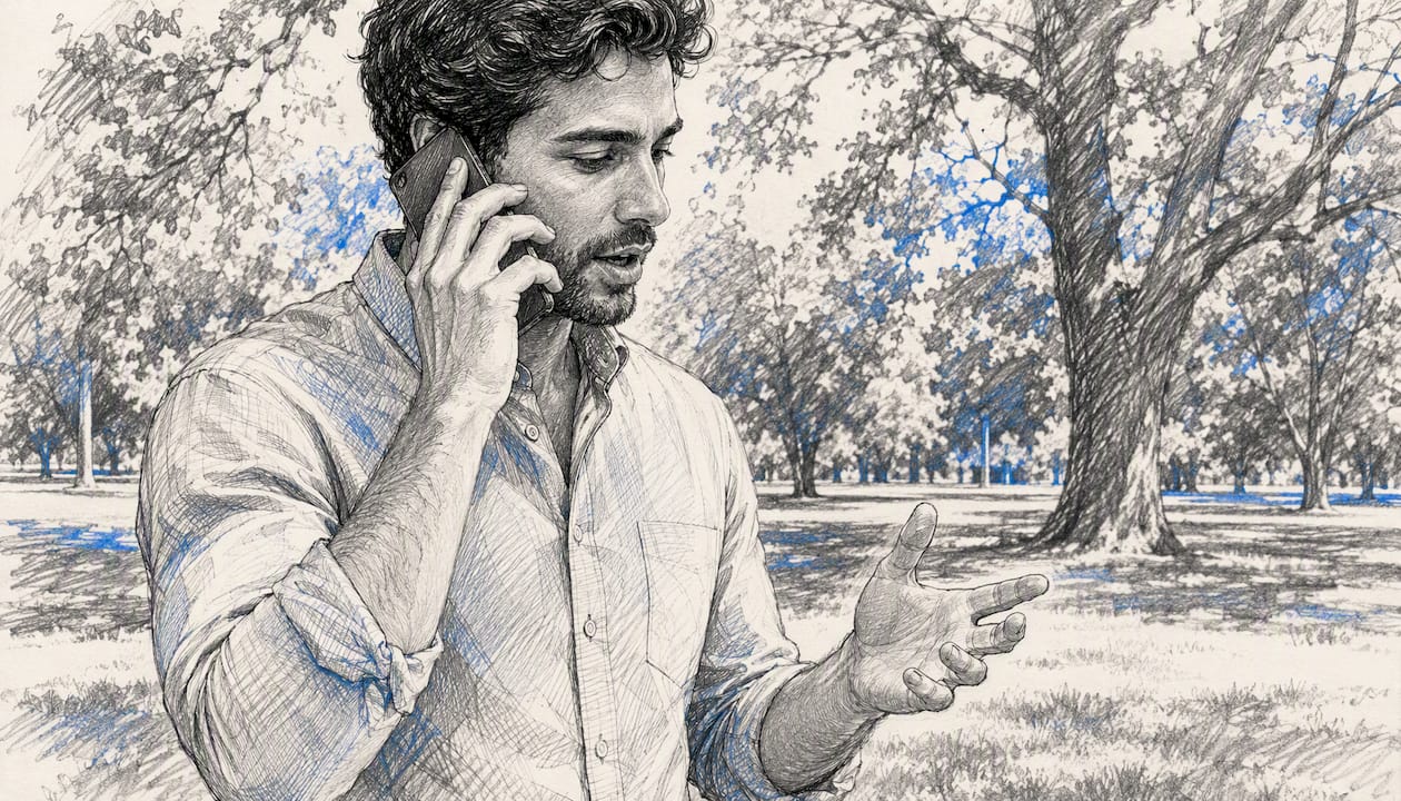 Person roleplaying real estate cold call outdoors