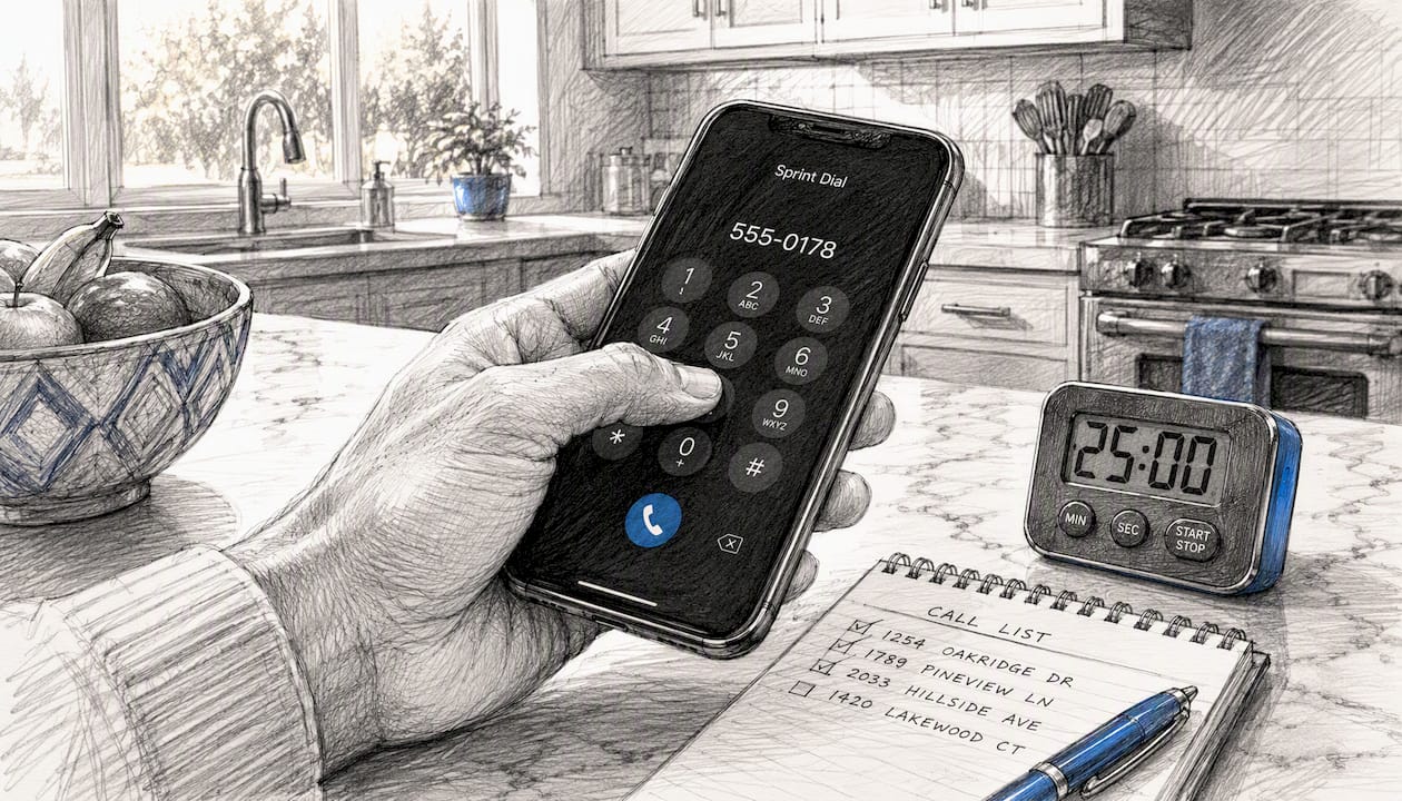 Hand dialing smartphone during cold call sprint