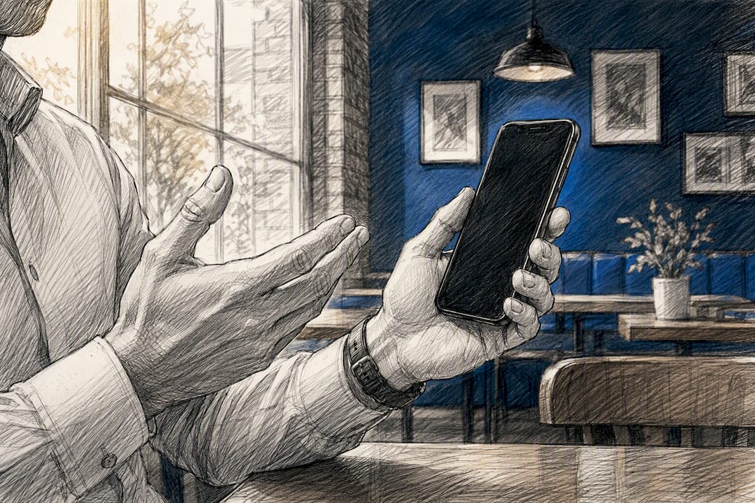 Hand performing roleplay call with phone in home office