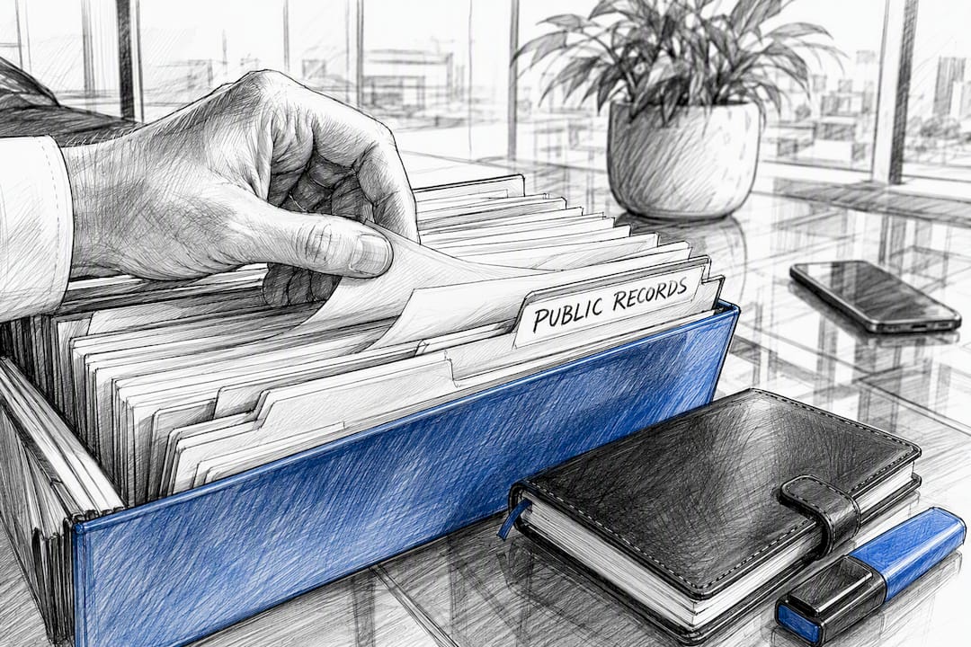 Hand flipping through public record folders