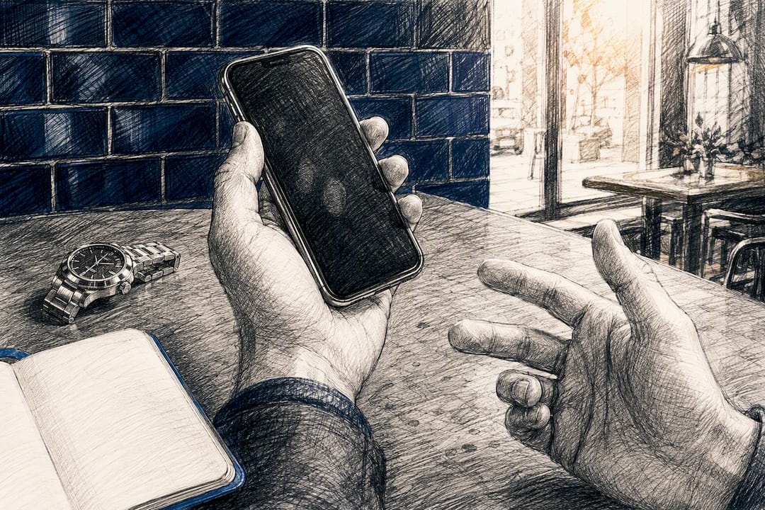 Hand holding phone paused mid-call