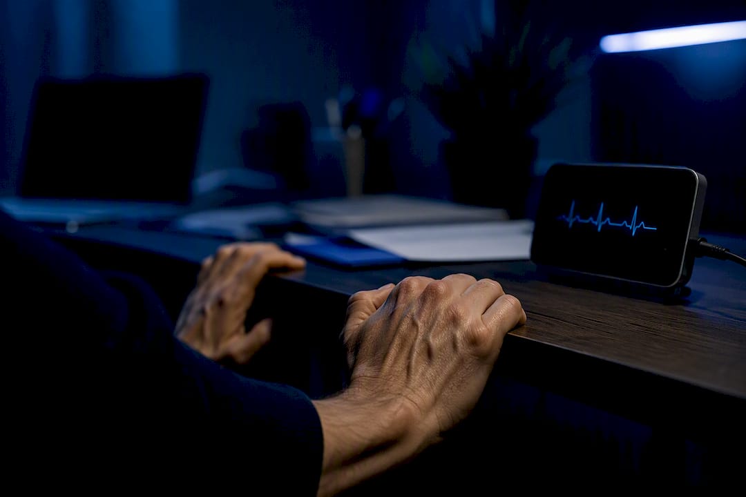 Manos tensas con ritmo cardíaco acelerado en el smartwatch