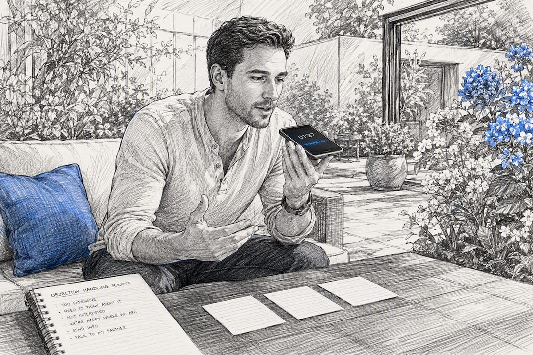 Investor practicing cold call scripts with phone