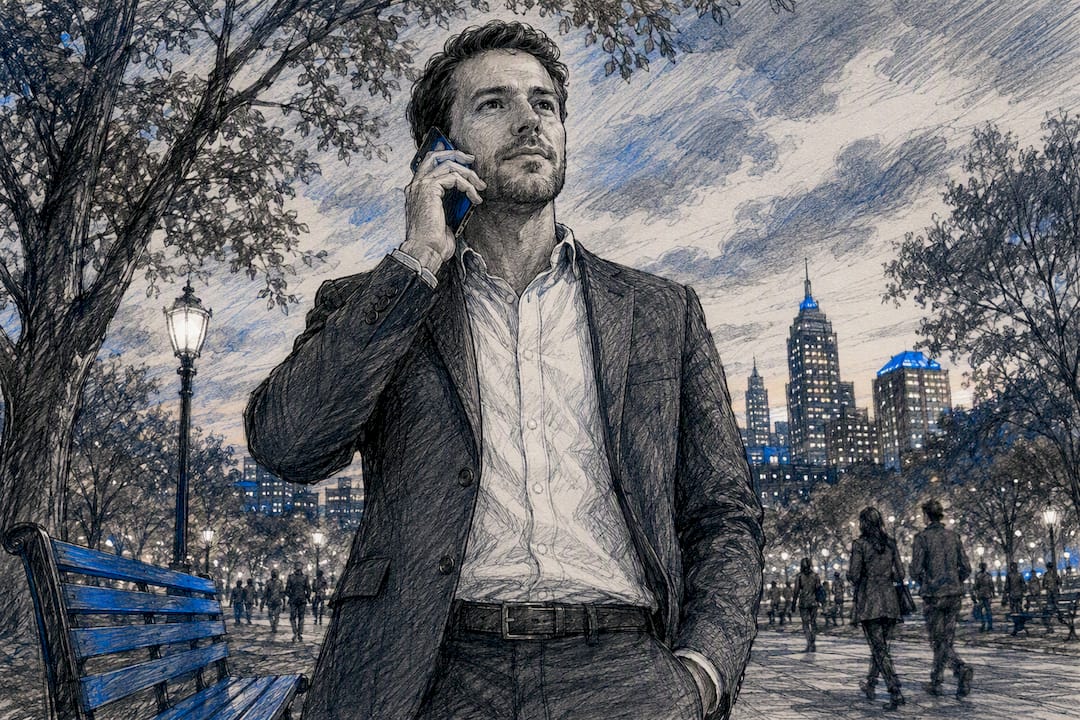 Real estate investor cold calling outdoors at sunset