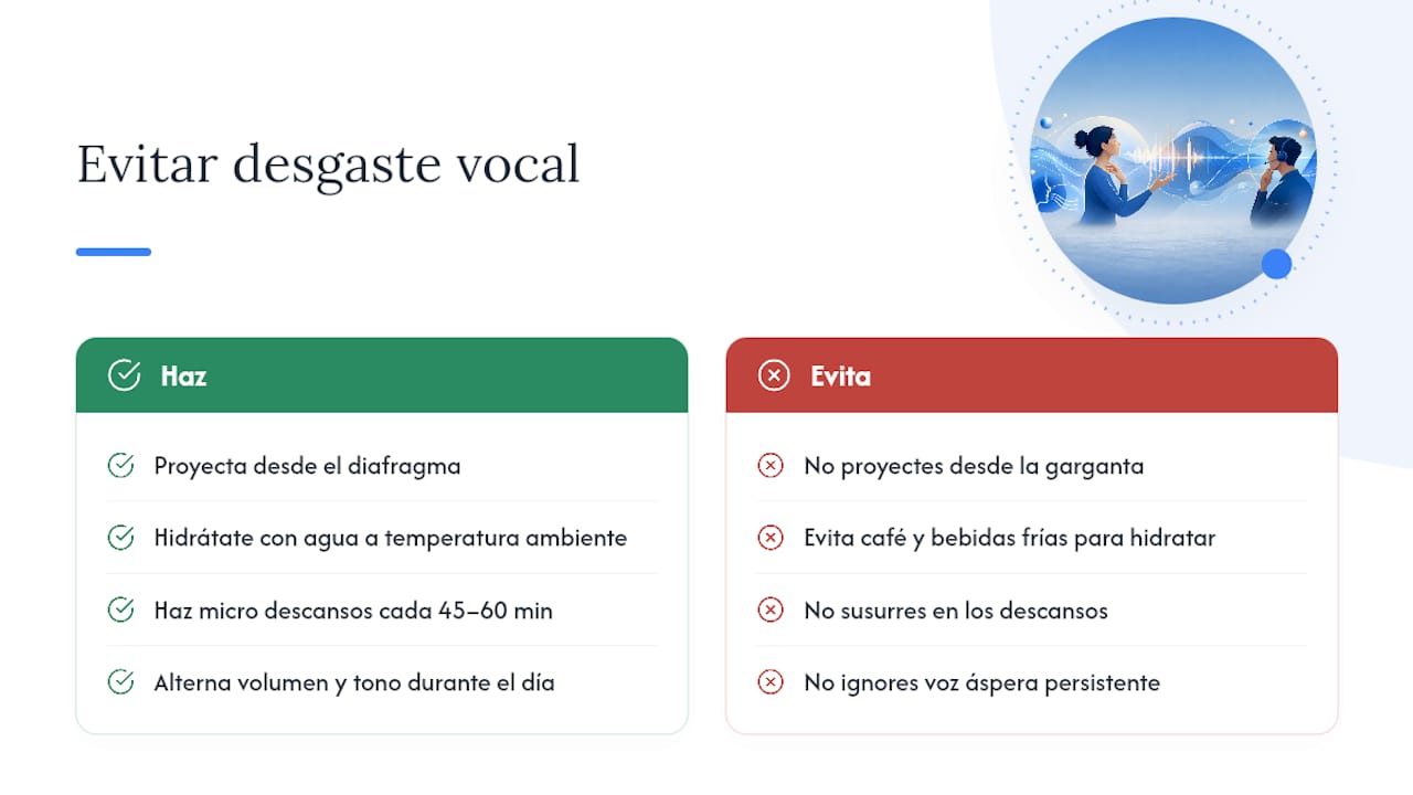 Cómo evitar que la voz se desgaste en tandas largas — overview diagram