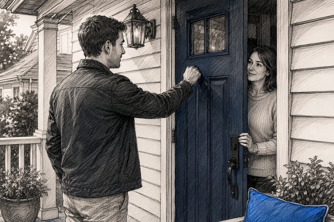 Investor speaking with homeowner at doorway