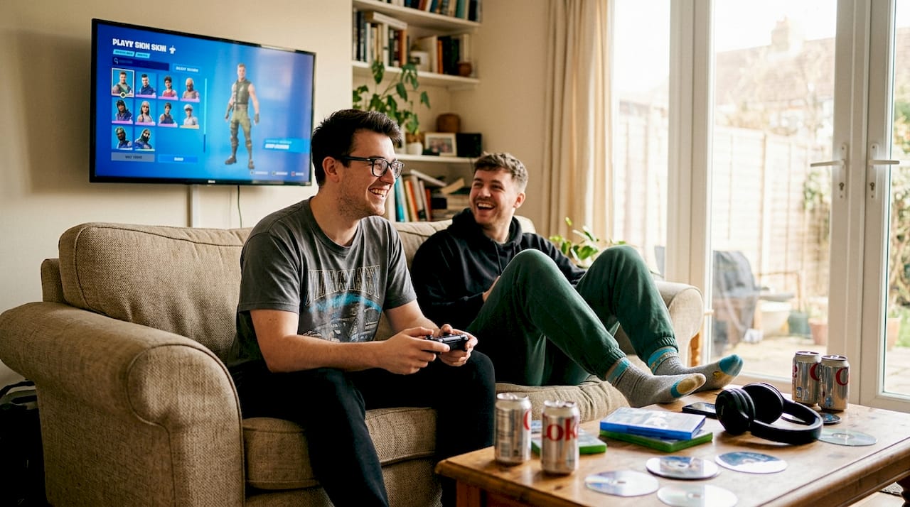 Friends playing Fortnite together in living room