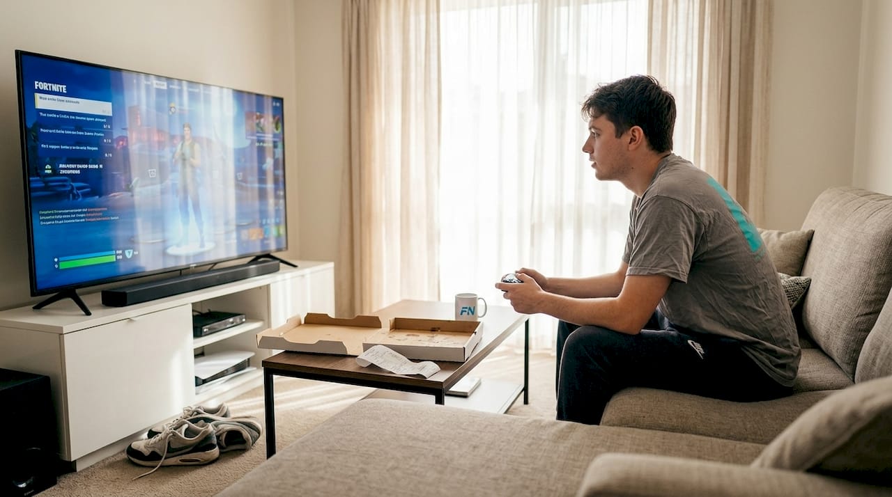 Player gaming on couch skipping grind