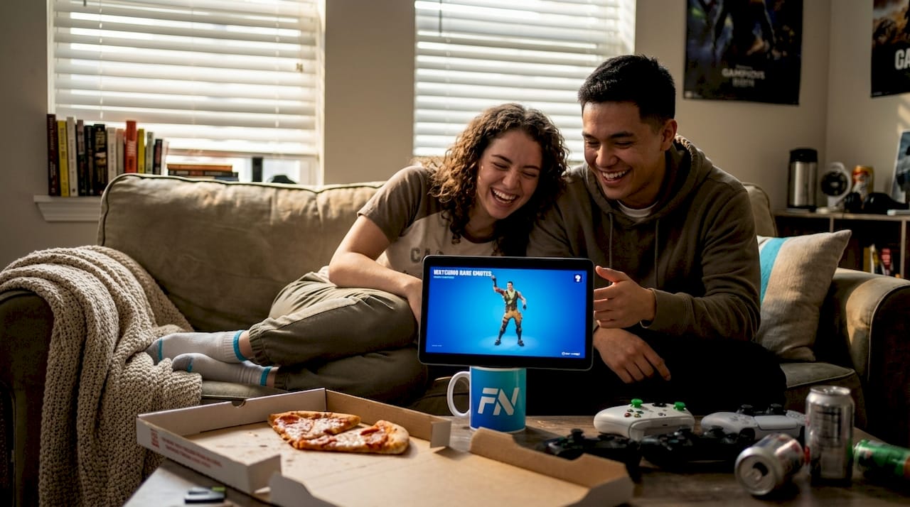 Friends laughing at Fortnite emote video